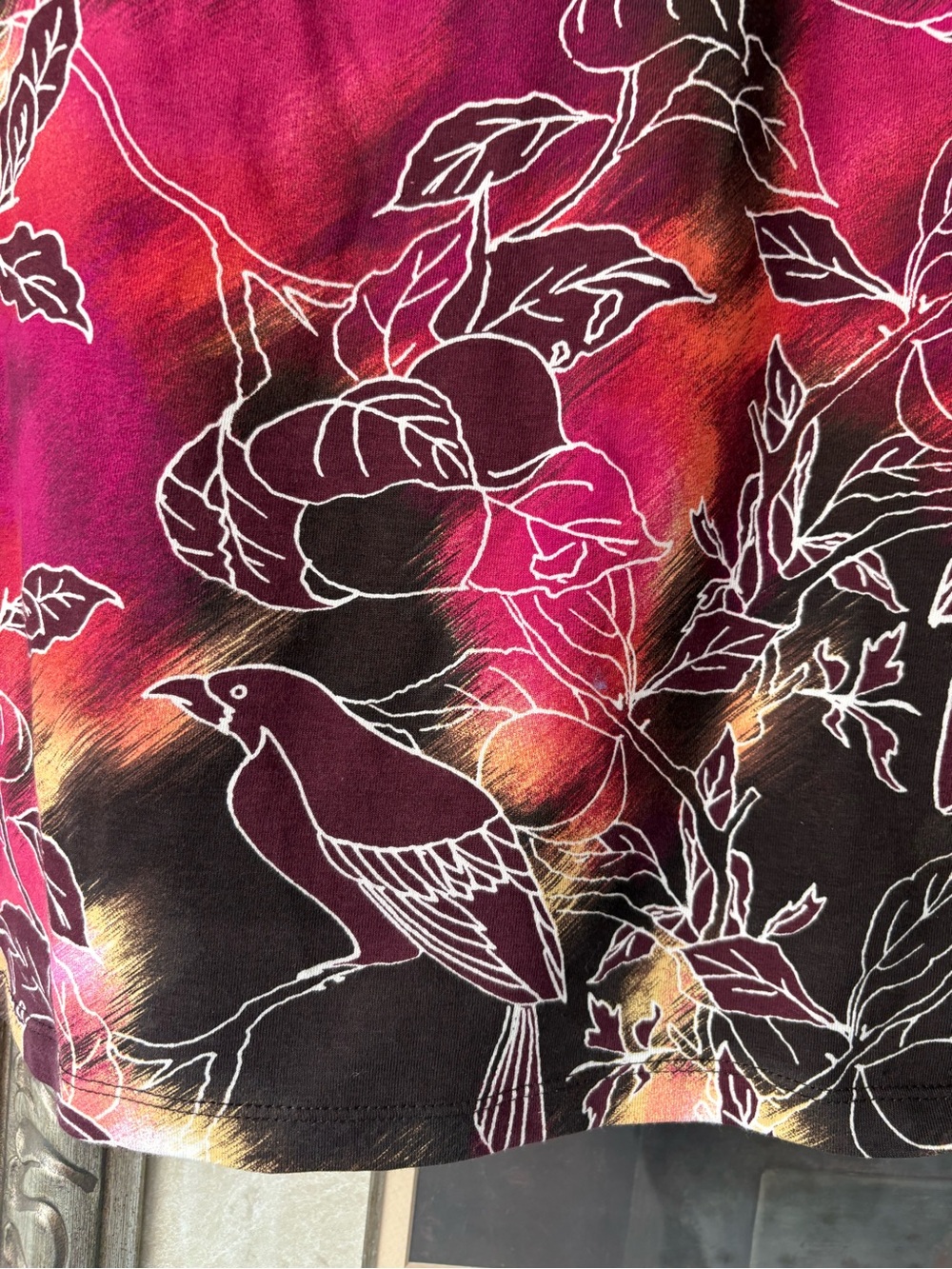 Chico's Magenta, Black & Yellow Floral Bird Long Sleeve Scoop Neck Top - Picture 3 of 8